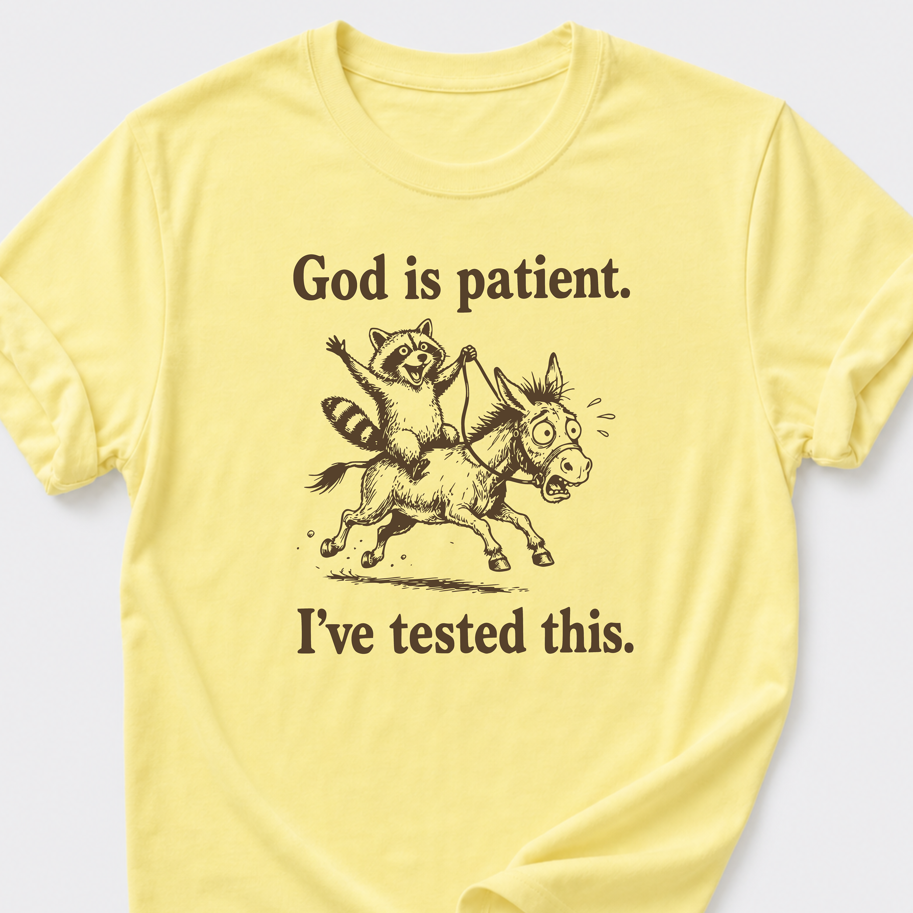 God is Patient. I've Tested This • Raccoon and Donkey T-Shirt