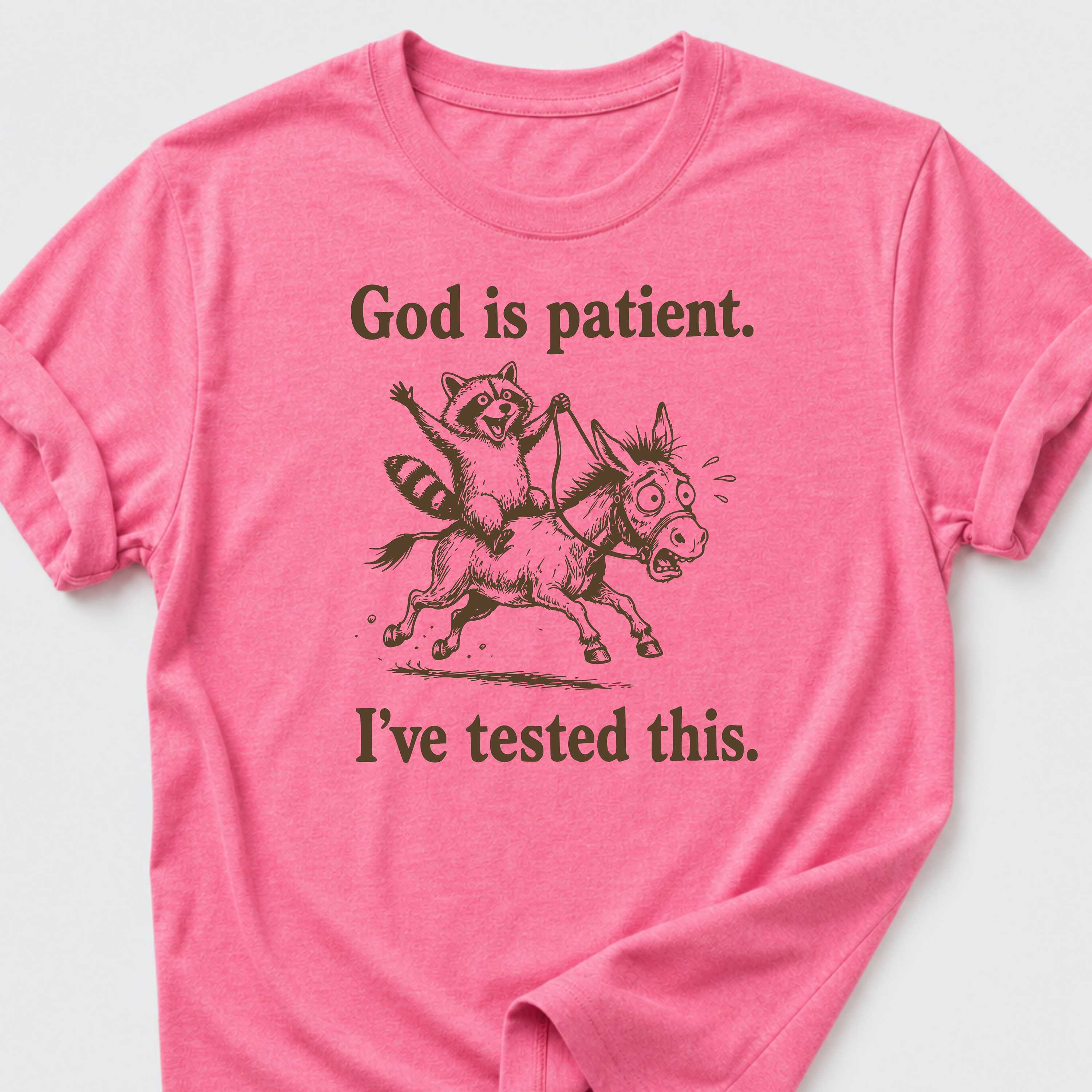 God is Patient. I've Tested This • Raccoon and Donkey T-Shirt