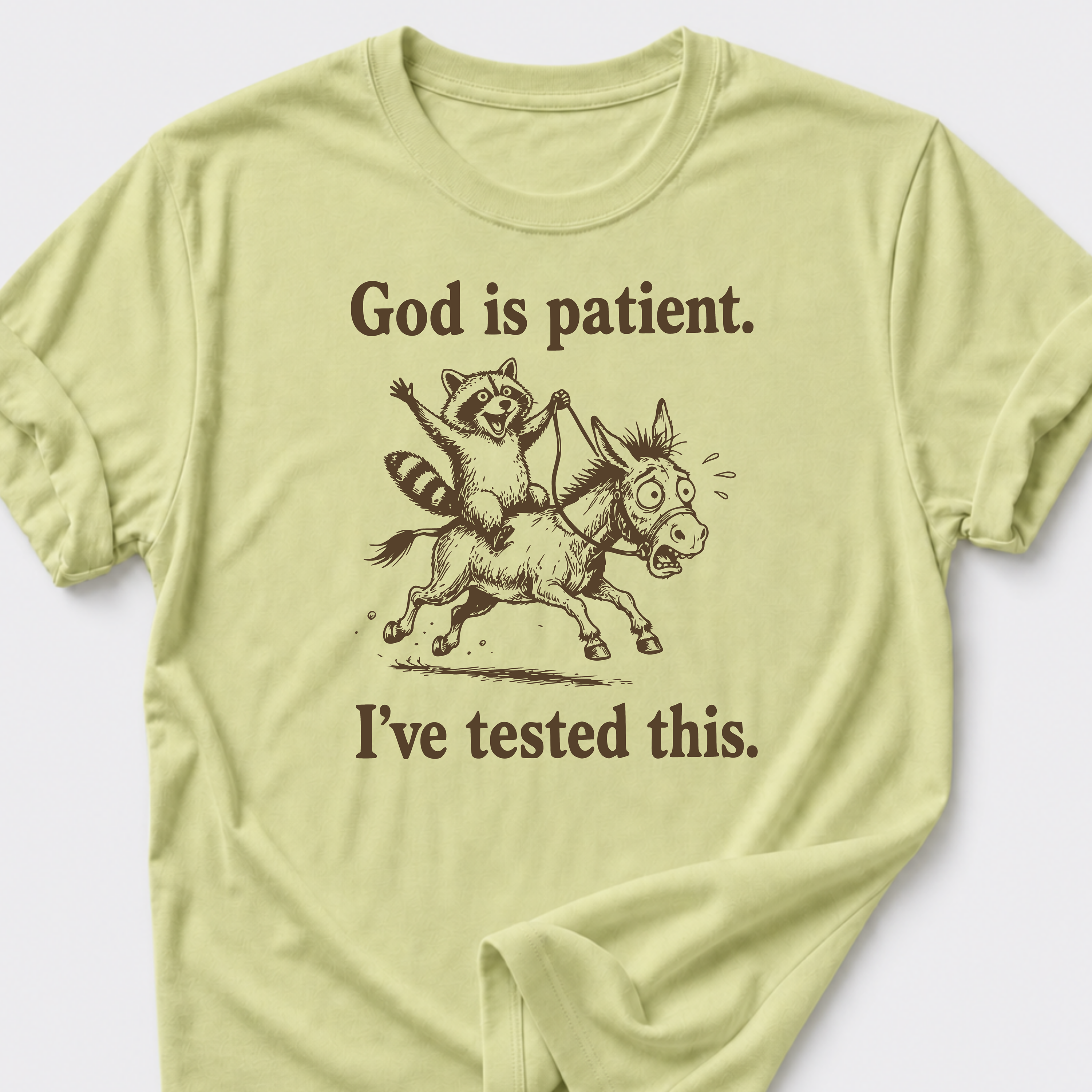 God is Patient. I've Tested This • Raccoon and Donkey T-Shirt