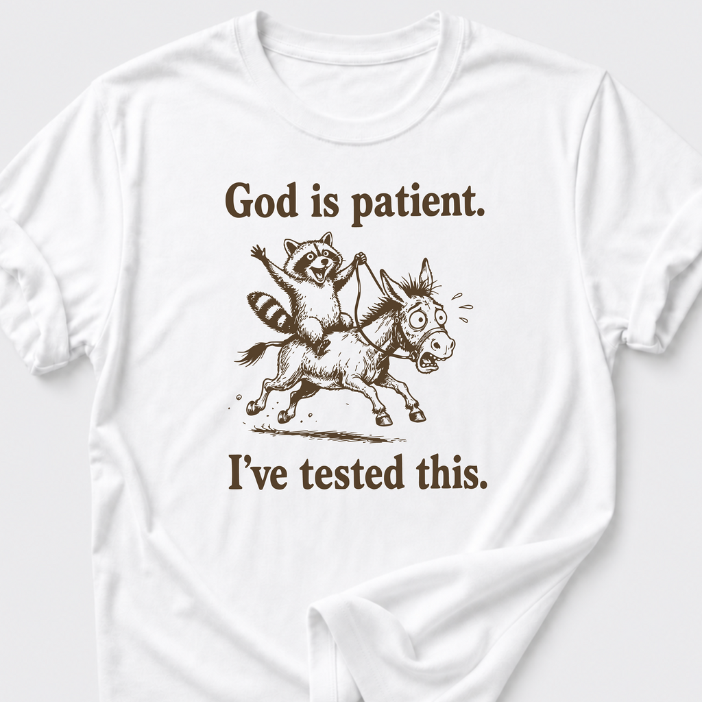 God is Patient. I've Tested This • Raccoon and Donkey T-Shirt