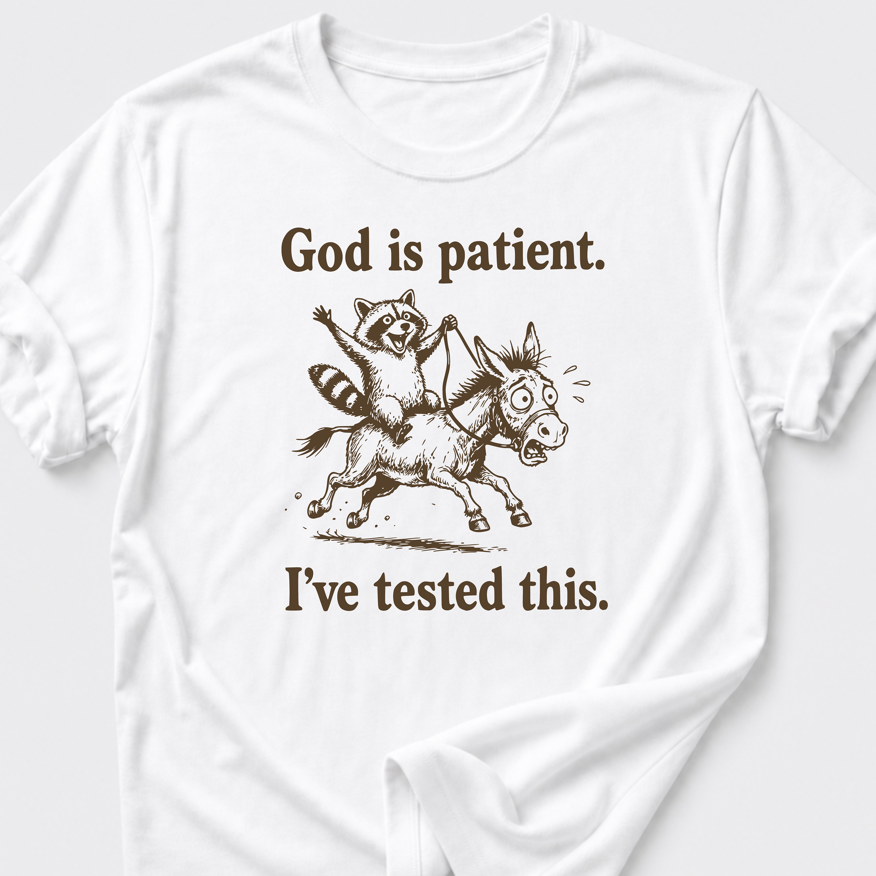 God is Patient. I've Tested This • Raccoon and Donkey T-Shirt